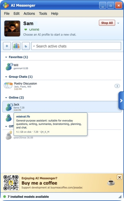 AI Messenger main screen showing the contact list, groups, online assistants, and local model status.